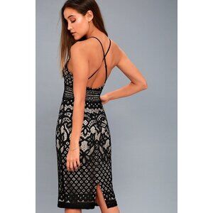 Lulus Primrose Nude And Black Lace Bodycon Midi Dress - Size L